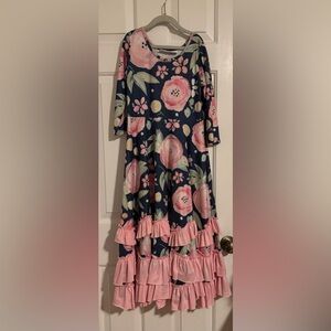 Floral Navy and Pink Kids Dress with Ruffle Hem